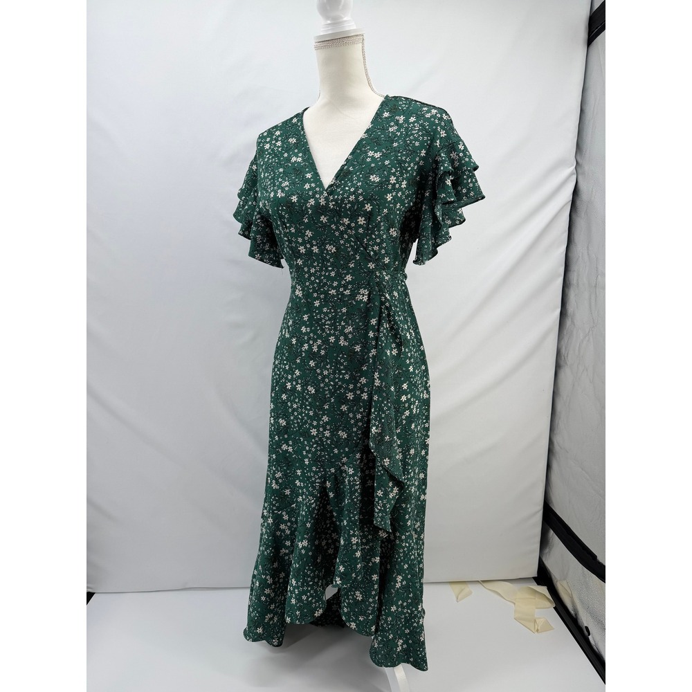 Max Studio Womens Green Floral Ruffle Sleeve High Low Wrap Midi Dress XS